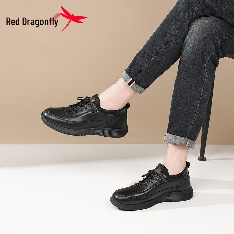 Red Dragonfly Men's 2025 Slip-On Leather Sports Shoes - Comfortable, Non-Slip, Waterproof Travel Shoes in Black