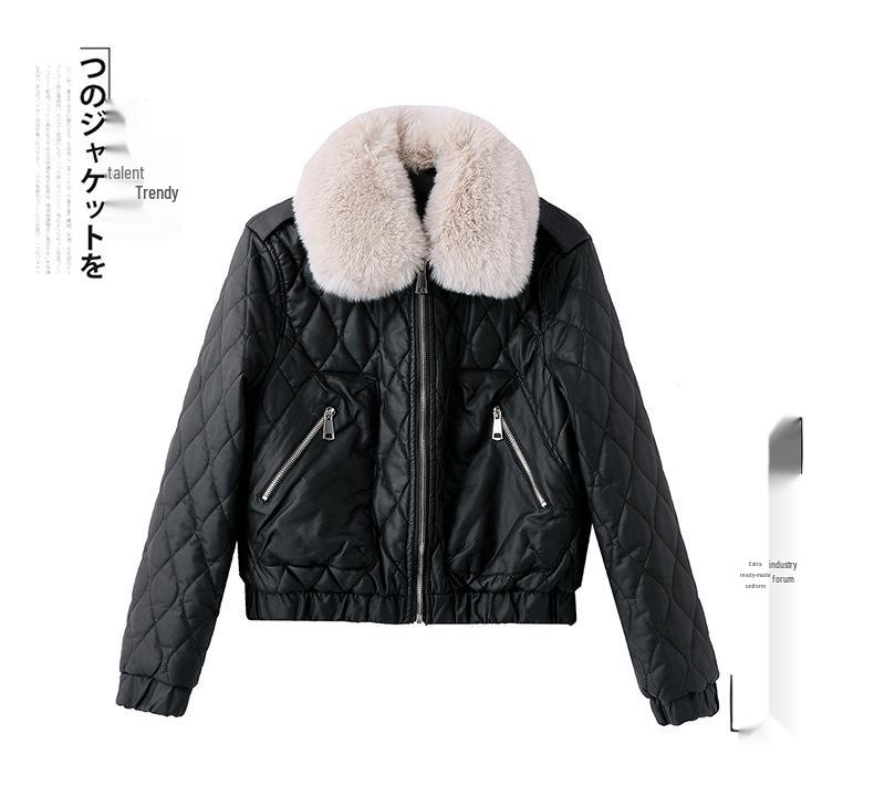 Women's Winter Korean Style PU Leather Coat with Fleece Lining and Fur Collar