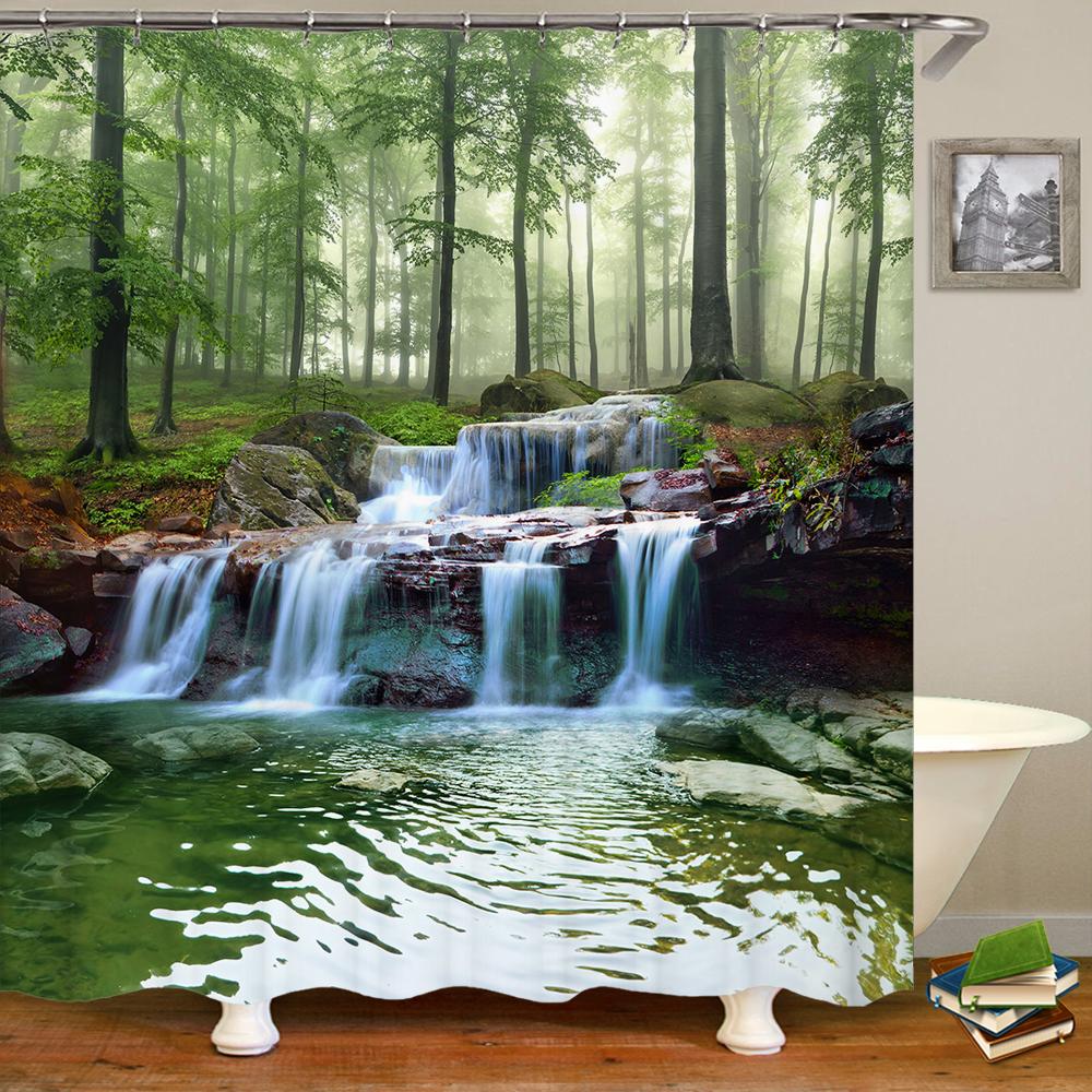 

3D Shower Curtain Nature Forest waterfall landscape Bathroom Curtains Waterproof Fabric With Hooks Home Decoration Bath Curtain W90xH180cm