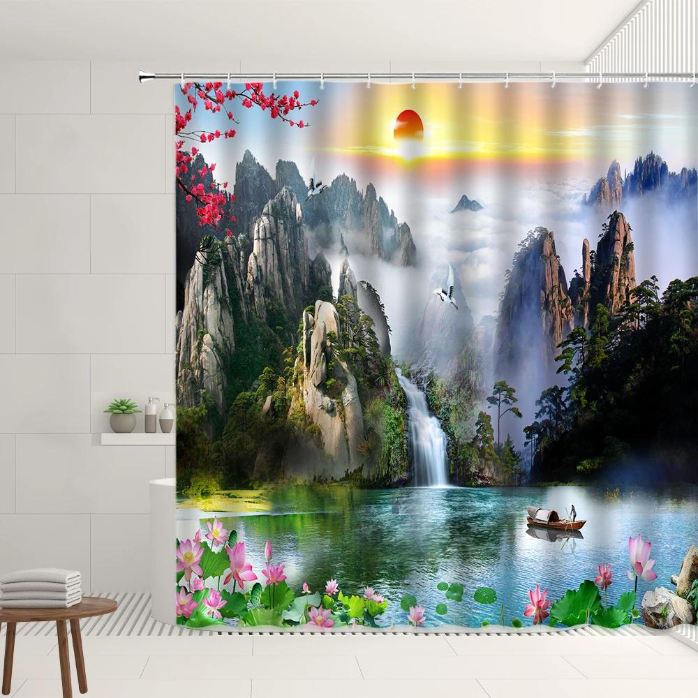 Chinese Landscape Shower Curtain Sets Mountain Waterfall Sunrise Flower Plant Residence Decorations Bathtub Screens With Hooks
