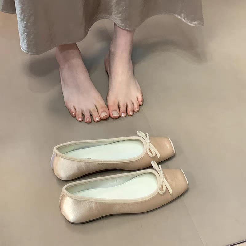 Fashion 2025Breathable Silk Ballerinas Ballet Flats Women Summer Autumn Slip On Loafers Square Toe Bowknot Flat Casual Shoes