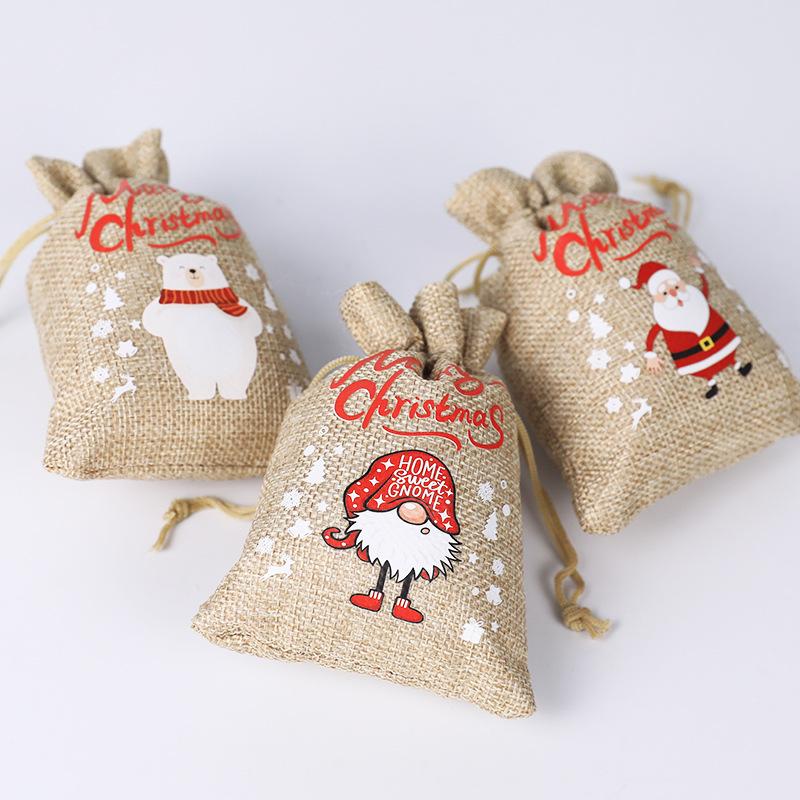 Christmas Candy Linen Bag Bundle Mouth Bag Colorful Cartoon Christmas Set Candy Gift Packaging Bag Santa Claus Gift Bags