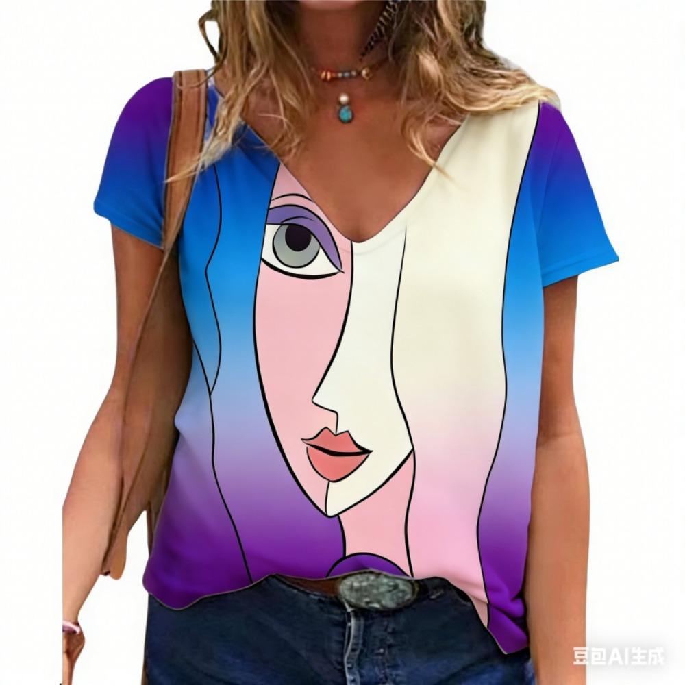 Women's V Neck T-shirt Summer Casual Plus Size Print Tops Loose Vintage Female Tee Streetwear Short Sleeve Clothes