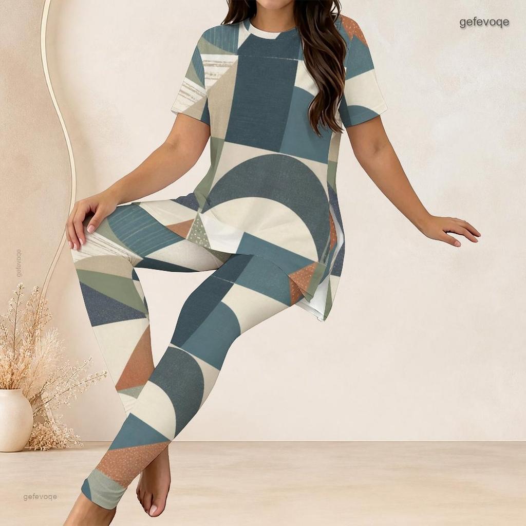 Women Plus Size Off White Printed Round Neck Short Sleeve Longline Top Fitted Pants Two Piece Set