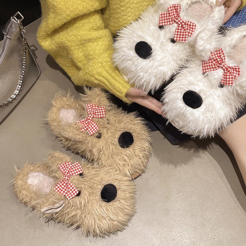 Weiche, niedliche Hausschuhe mit Schleife und Welpenmotiv, warm, rutschfest und flauschig, Damenmodell für Herbst und Winter, flacher Baumwollmopp