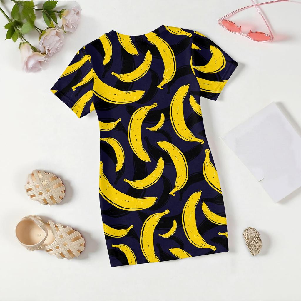 Girls Print Casual Dress Kids Loose Round Neck Short Sleeve Thin Sundress
