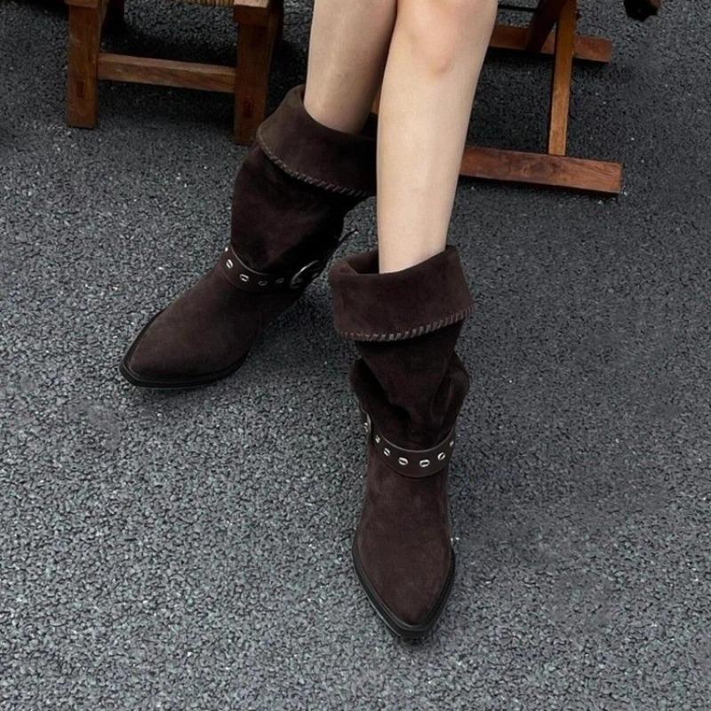 Pile Boots Women's Fall New Vintage Pointed Toe Suede Studded Metal Buckle Block Heel Western Cowboy Boots
