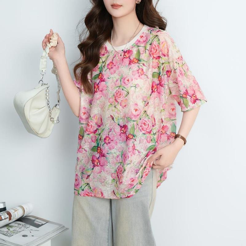 DIMANAF 2026 Plus Size Summer Beach Women T-Shirts Tops Floral Print Casual Lady Tunic Tees Shirt Oversize Loose Knitted