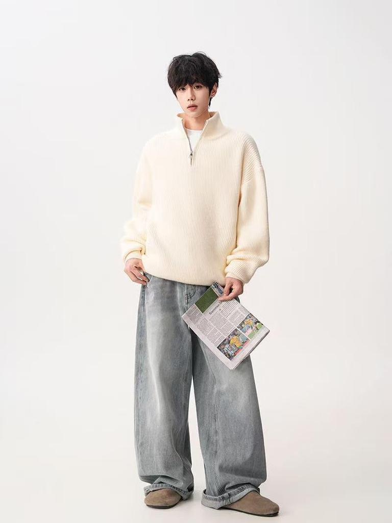 Men's Loose Knit Half-Zip Sweater - Solid Color, Stand-Up Collar, Cozy Autumn/Winter Pullover