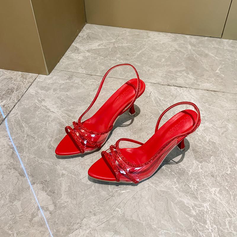 

French temperament thin heel beautiful sandals women s 2025 summer new high-end pointed transparent red high heels women 34 бордовый