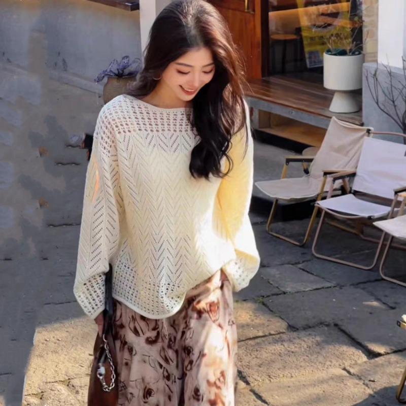 

2026 Loose Knit Hollow Out See Through Blouse Summer Women Solid Color Crochet Openwork Top Long Sleeve O Neck Knitted T-shirt Vacation Style Tee One size