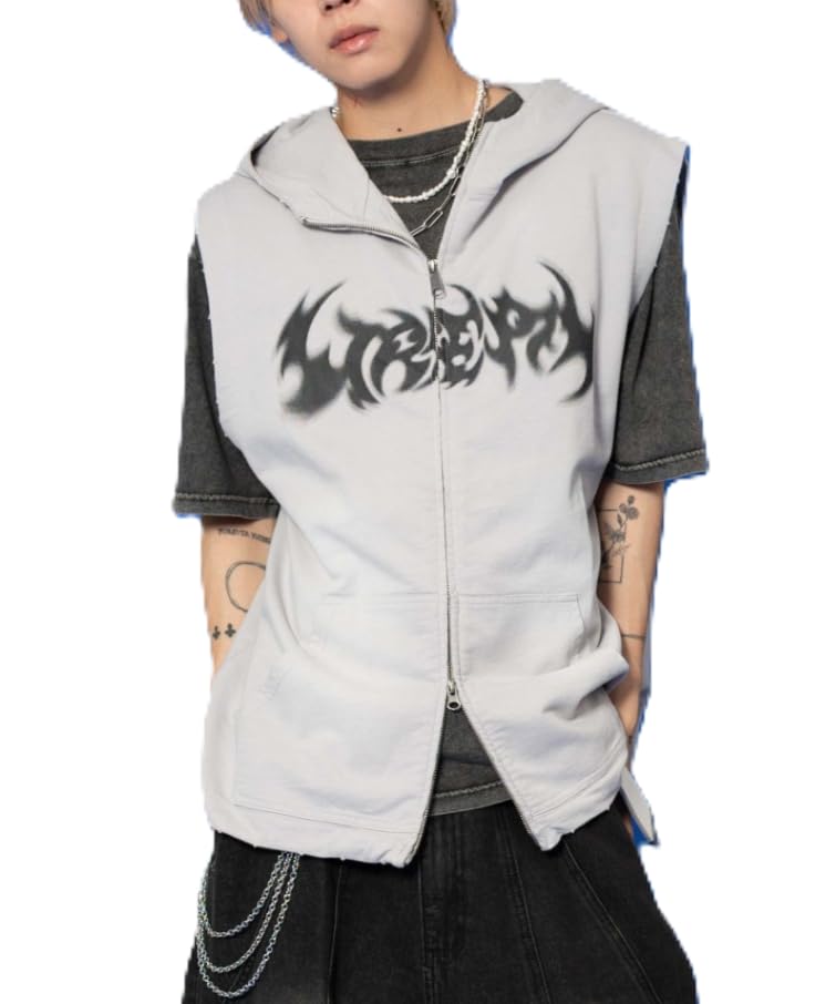 WEGO Sleeveless Graphic Zip Summer Korean Size Gray Men's Hoodie, Streetwear, Style, Gift, L,