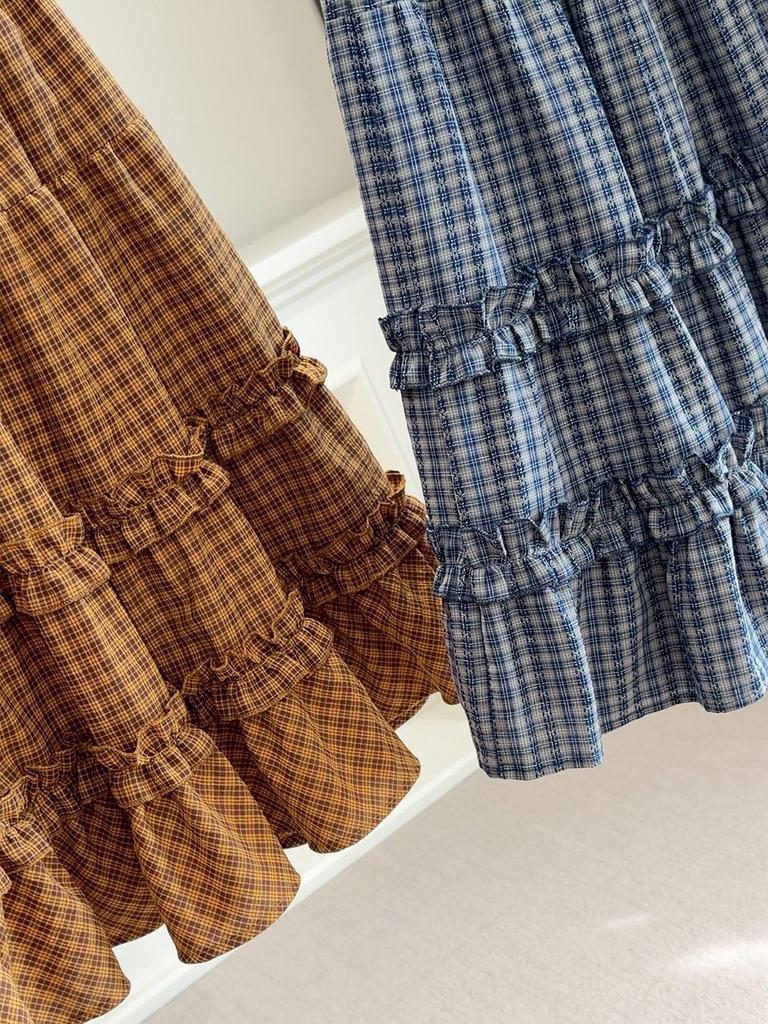 Korean Academy Style Plaid Lace Patchwork Midi Skirt - Spring/Summer New Arrival