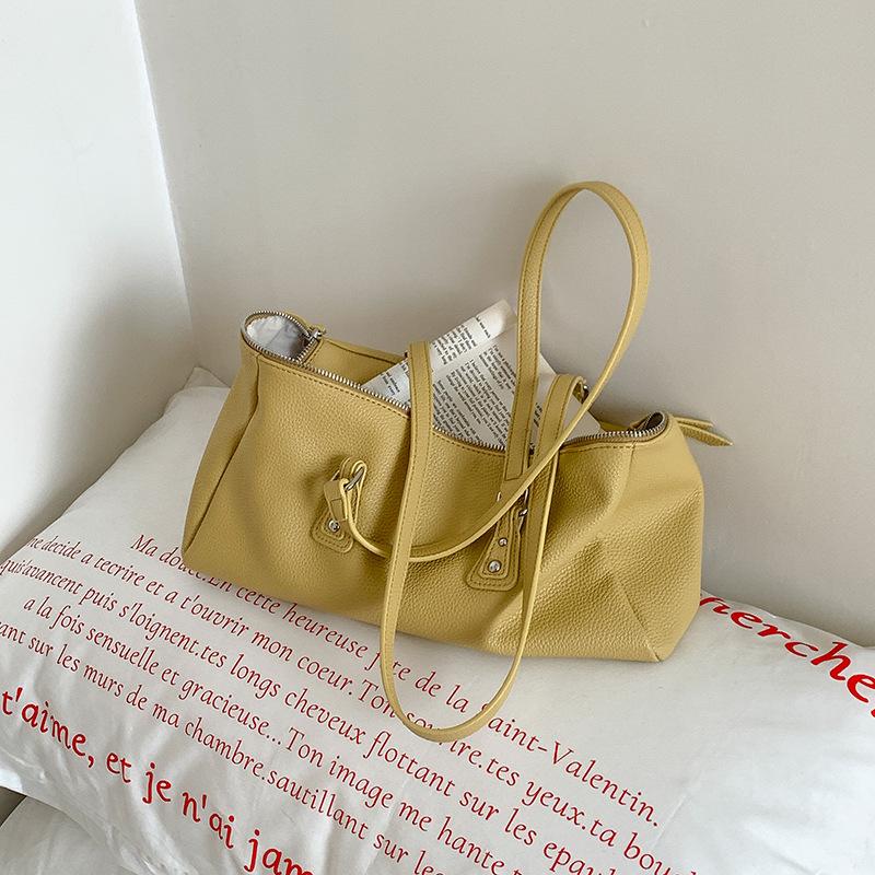 

Korean Style Double Zipper Simple Shoulder Bag with Large Capacity, New Retro Fashion Soft Leather Underarm Tote Bag жёлтый