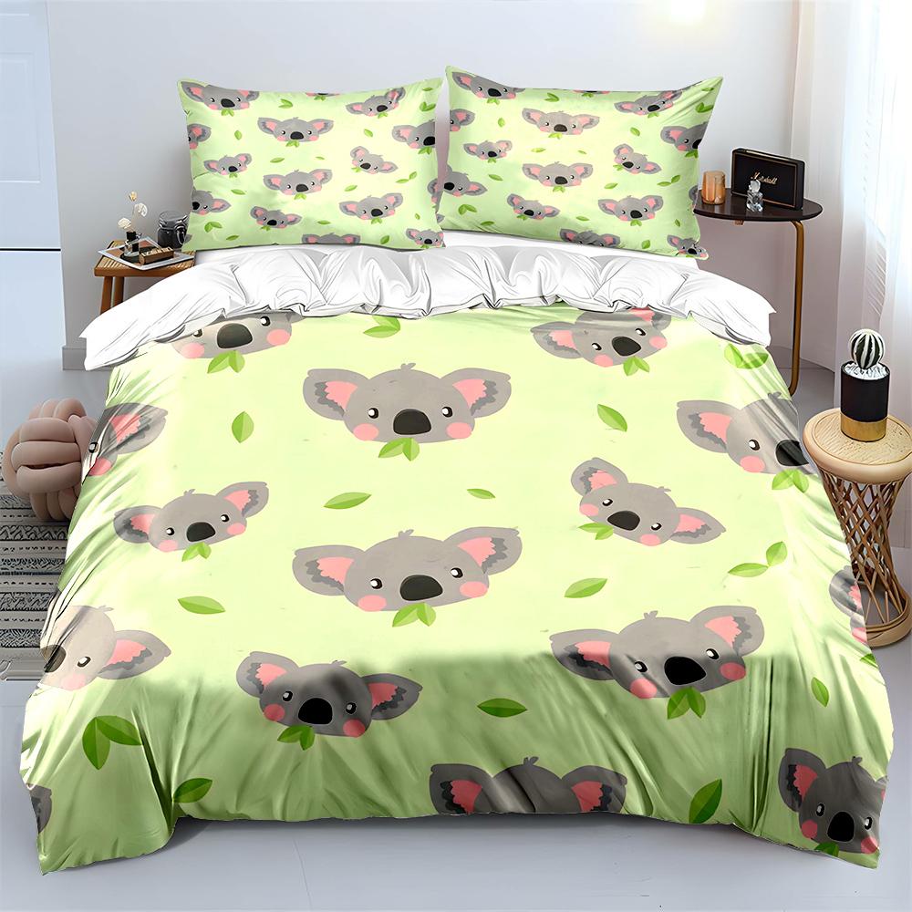 Cute Koala Pattern with Leaves Print Bedding Set 1 Duvet Cover 2 Pillowcases for Adult and Children Luxury Gift Full Size
