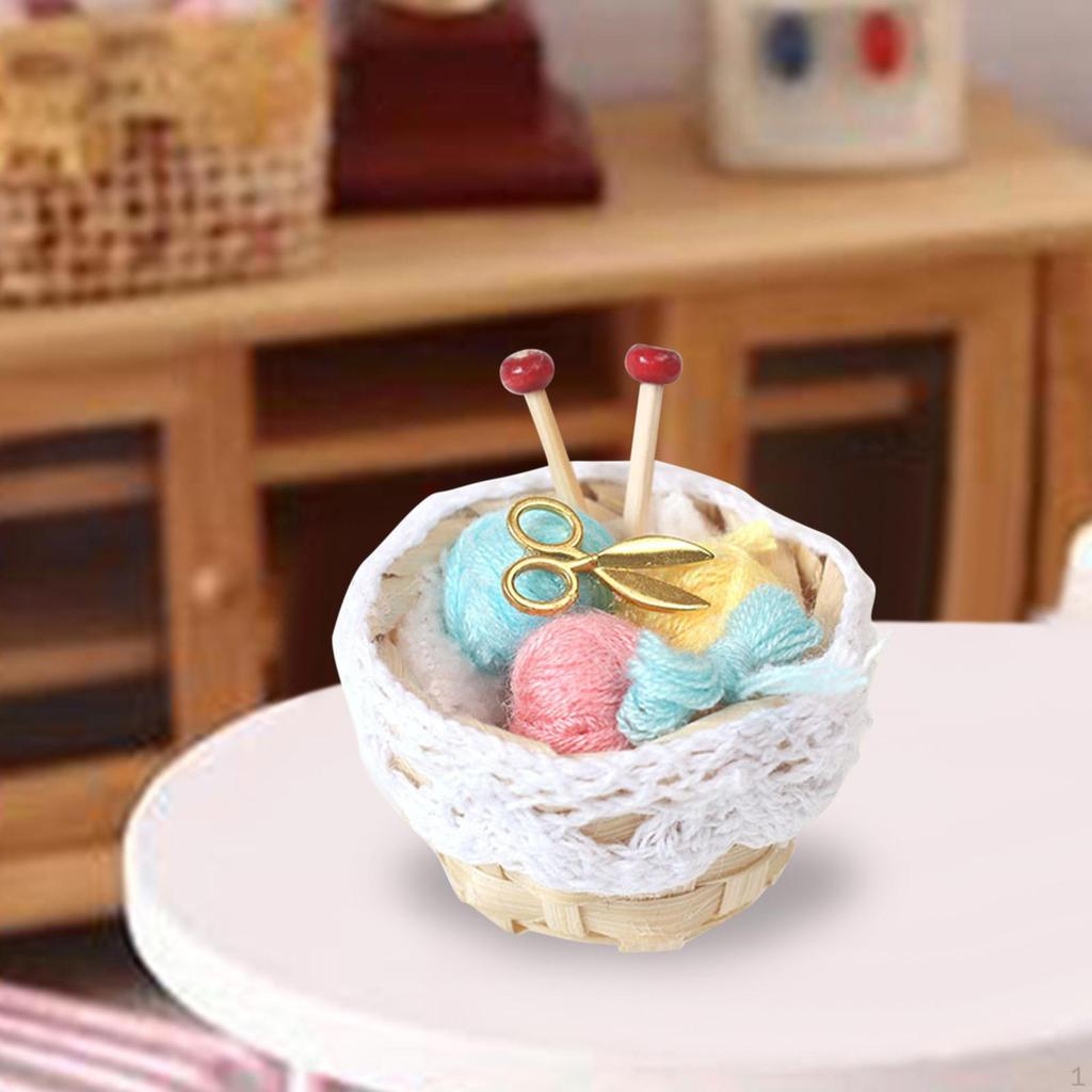 1/12 Dollhouse Woolen Yarn in Basket Knitting Miniature with Scissors for