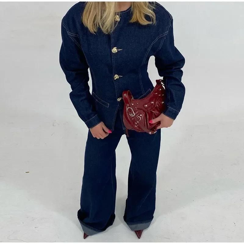 Fashion Denim Jacket Women O-neck Single Breasted Loose Long Sleeves Coat Spring Female Outwear