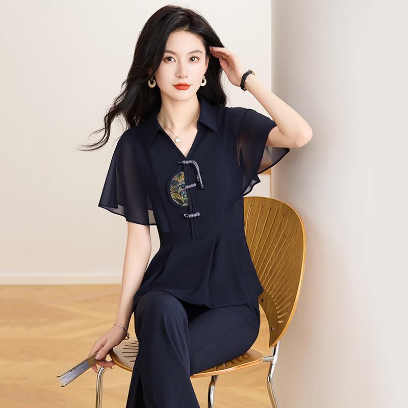 Women s New Chinese Style V-Neck Top & Bell-Bottom Pants Set 3XL