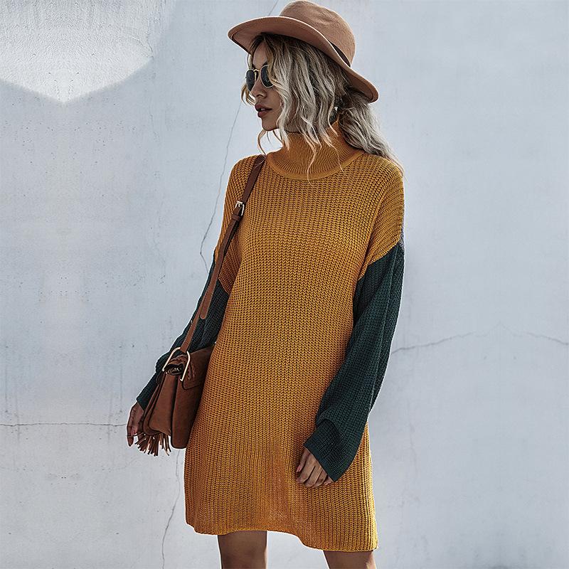Casual Fashionable and Elegant Long-sleeved Knit Slim Colorblocking Sweater Dress Women's Long Section of The Hundred Kinds of Autumn and Winter