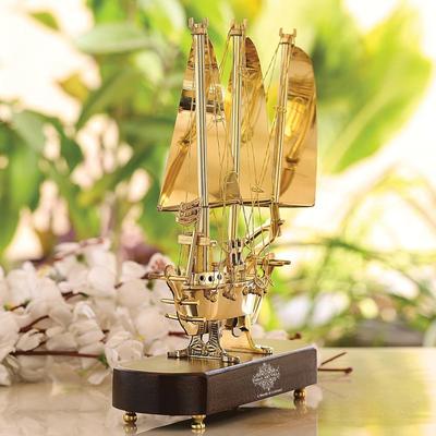 Brass Ship Showpiece with Wooden Base, Handmade Decorative Sailing Boat for Home Decor, Office Table, Gift Item, Art Figurine