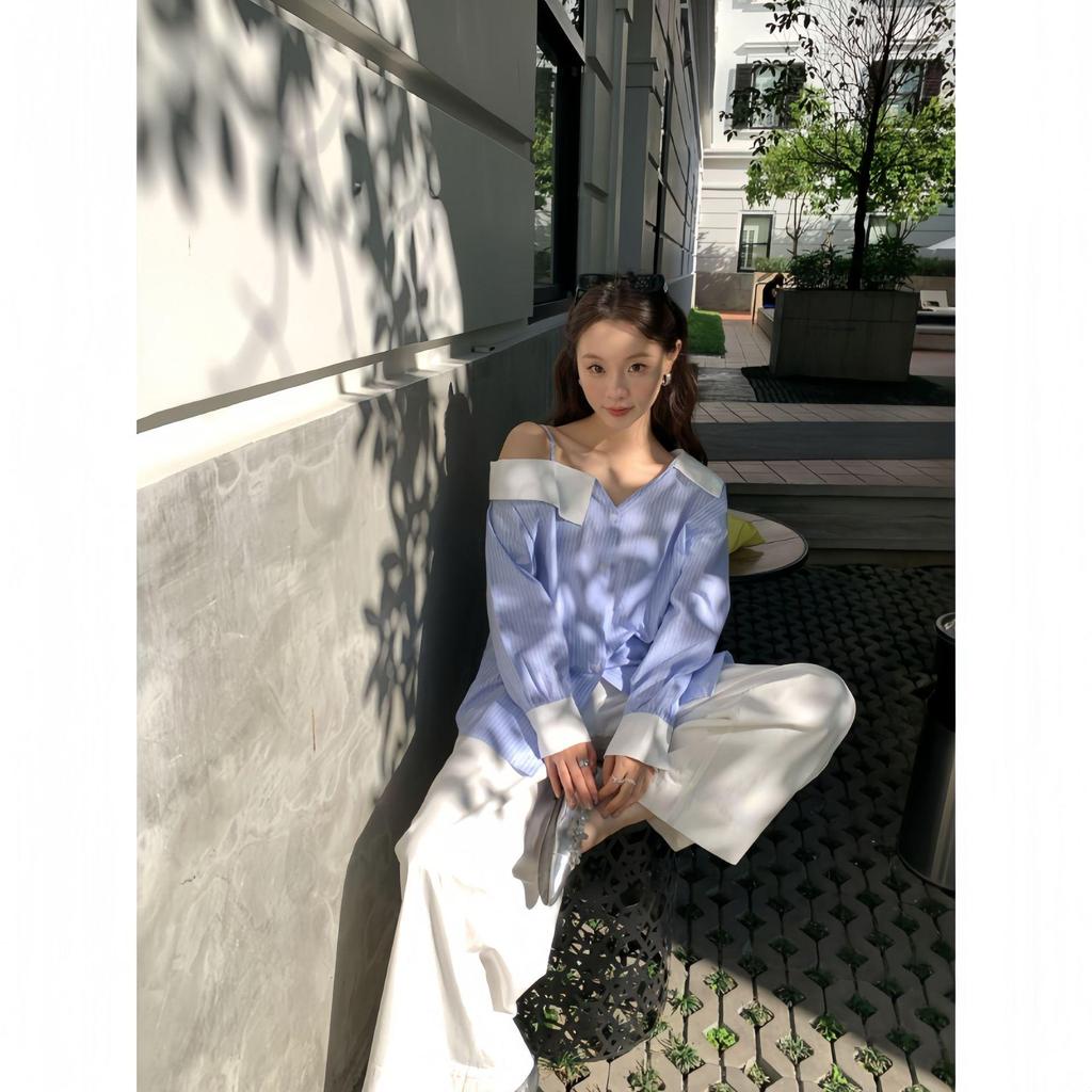 Thirteen Lines Spring 2025 French Style Off-Shoulder Striped Shirt for Women C3056