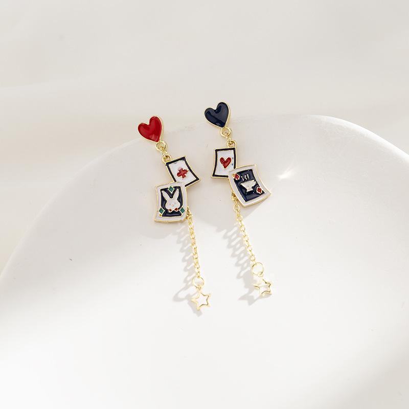 Asymmetrical Black & White Poker Tassel Stud Earrings - Creative, Fashionable, Elegant