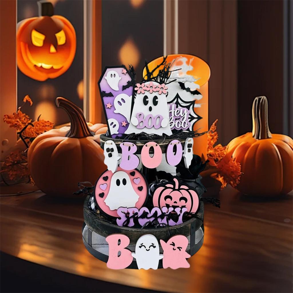 Halloween Party Decor Set with 14pcs Cute Ghost Pumpkin Wooden Signs Ornaments for Home Table Tiered Tray Supplies