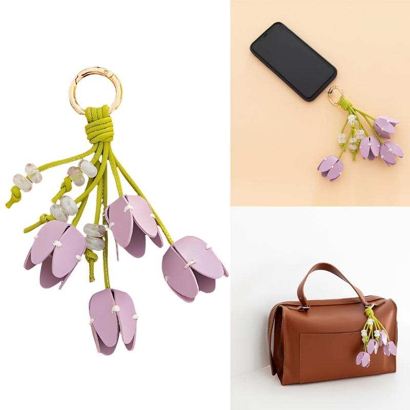 Elegant Tulips Shaped Leather Keychain With Beaded Accent For Bags And Keys Stylish Accessory Gift