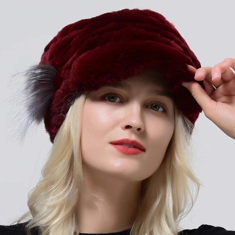 Women Winter Warm Cap Natural Rex Rabbit Fur Thick Knitted Headwear Classic Popular Female Stylish Hat