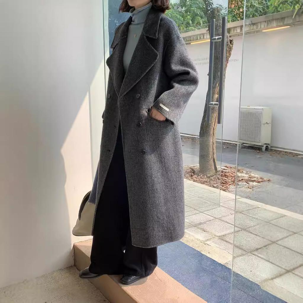 Classic double-breasted herringbone camel wool coat for women's loose and thin casual woolen coat