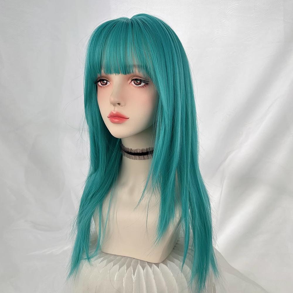 Green Blue Synthetic Long Straight Women Wig with Bangs Lolita Cosplay Fluffy Heat Resistant Wig for Daily Party