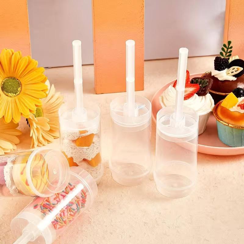 10Pcs Push Up Cake Shooter Round Shape Transparent Cake Holders Push Plastic Containers With Lids For Ice Cream Baking Molding