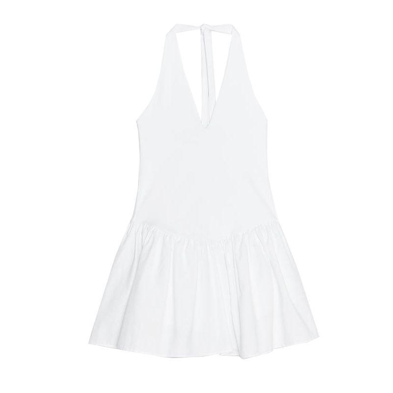 Spring and Summer New Women's Clothing French Open Back Design Bowknot Decoration Hanging Collar Patchwork Dress 0085338