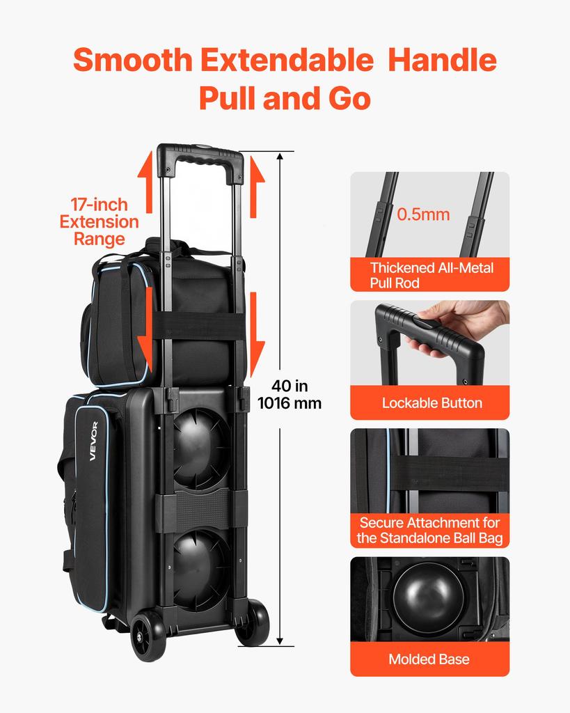 VEVOR 3 Ball Bowling Bag Double Roller Bag with Separate Shoe Compartment, for Bowling Shoes (Up To US Men Size 16), Rolling Ball Bag w/ Wheel