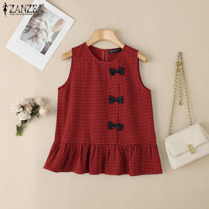ZANZEA Womens Summer Round Neck Sleeveless Plaid Print Tank Tops