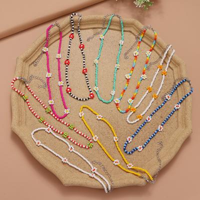 Bunte Reisperlen Weiche Keramik Halskette Set Mode Ethno Stil Halskette Kleine Blumen Halskette Damen Schmuck