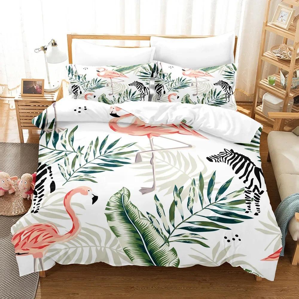 Flamingo Duvet Cover King/Queen Size Green Tropical Leaves Decor Bedding Set Palm Tree Flower Soft 2/3pcs Polyester Quilt Cover