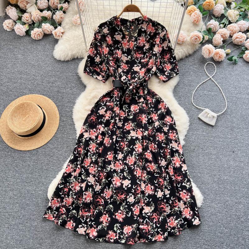 Summer new temperament shirt dress women's print waist over knee pendulum celebrity floral long skirt tide