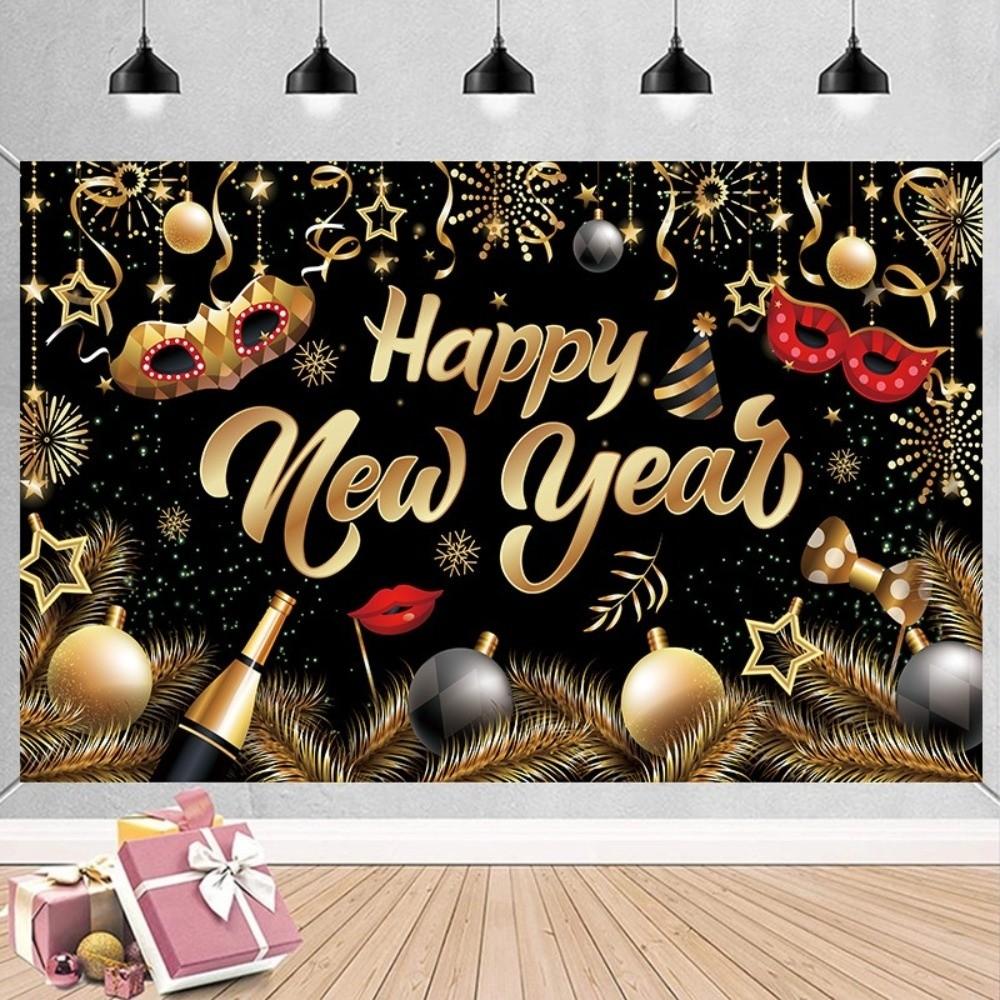 Black Gold 2026 New Year Backdrops Colorful Balloon Celebration Banner  Indoor Wall