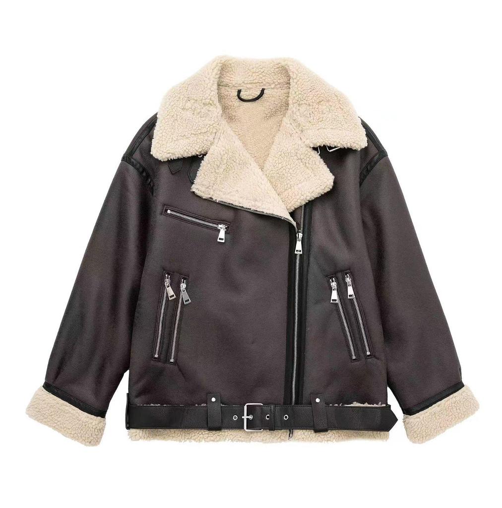 2024 Autumn/Winter European-American Cross-Border Belted Zipper Leather & Fur One-Piece Jacket