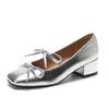 Single shoes women's 2025 spring new with skirt silver square head bow versatile thick heel French temperament Mary Jane