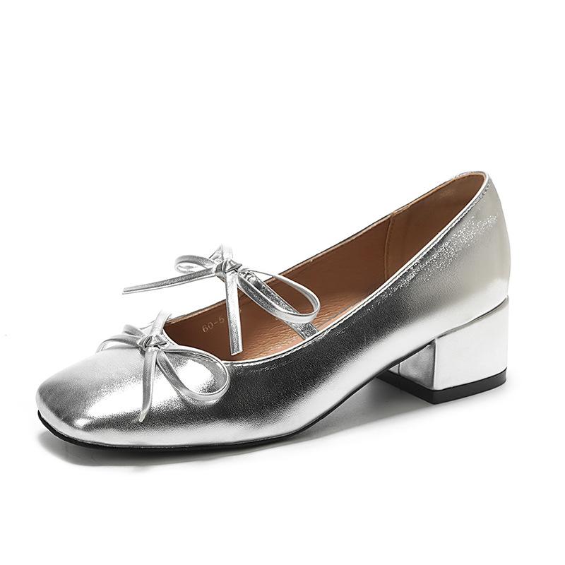 Single shoes women's 2025 spring new with skirt silver square head bow versatile thick heel French temperament Mary Jane