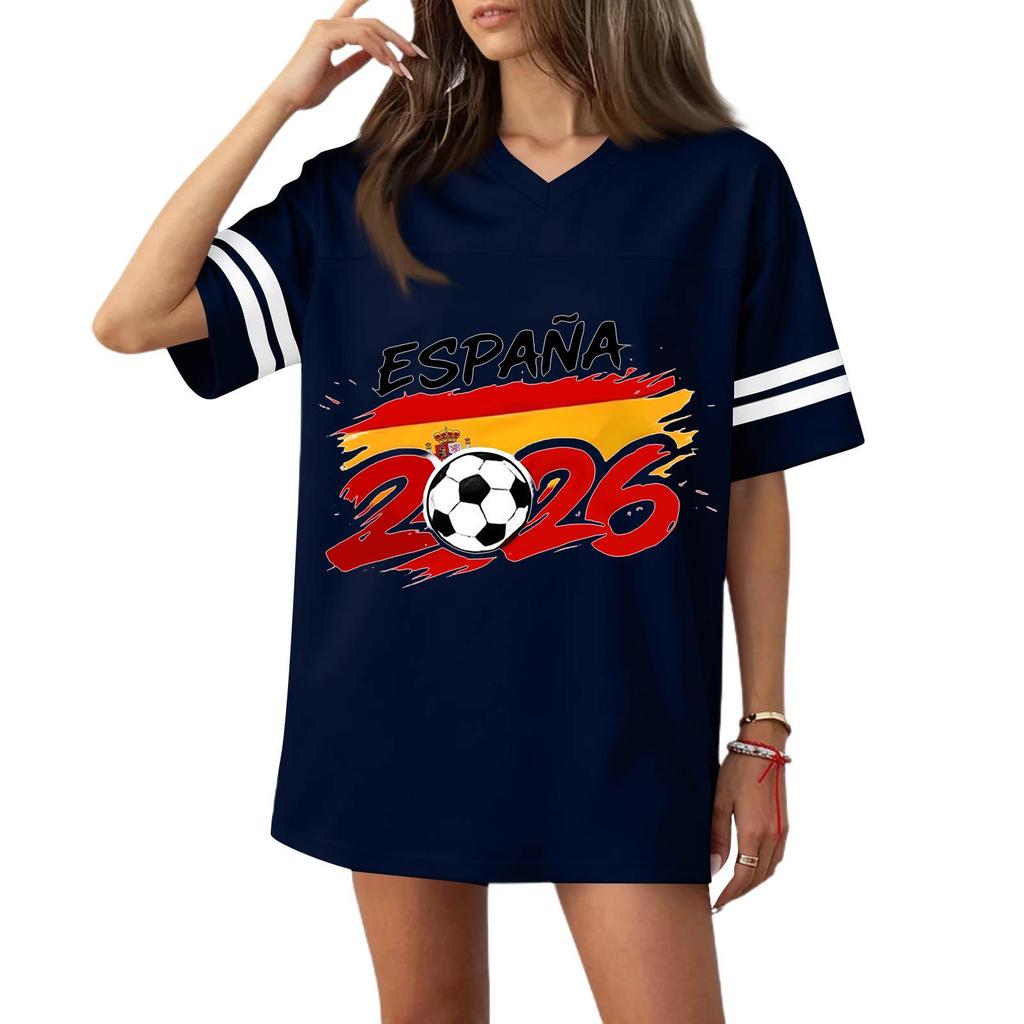 Women’s Casual V Neck Football Jersey Flag Print Short Sleeve Sports T Shirt Top for 2026 Soccer Fans