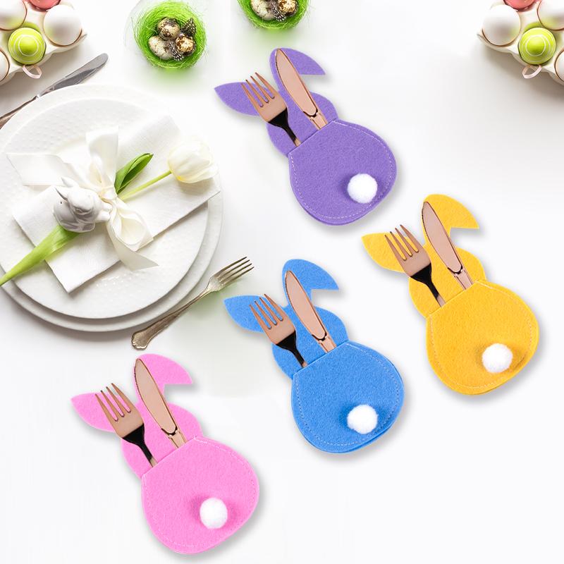4pcs Easter Rabbit Shape Cutlery Bag Knife Fork Tableware Holder Pocket Easter Party Dinner Table Ornament Spring Party Supplies