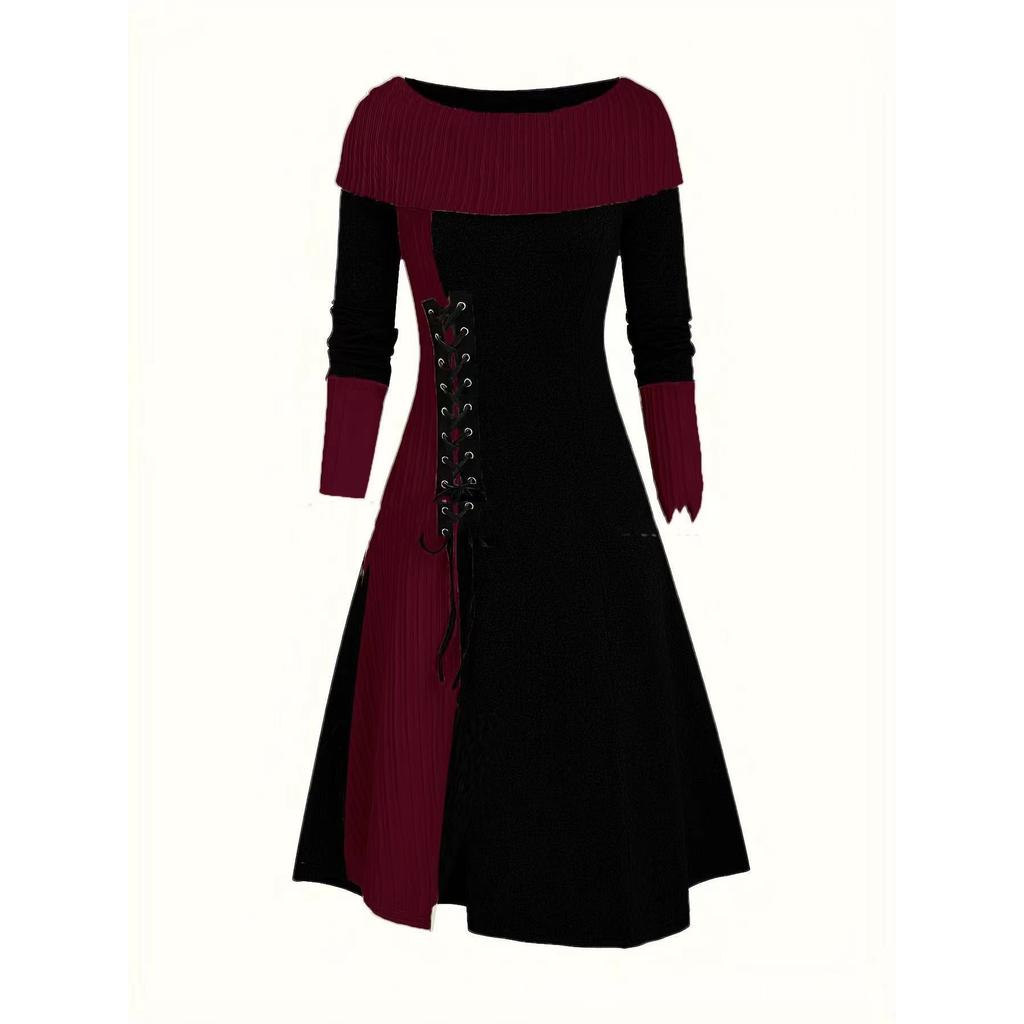 Women's Patchwork Dress Vintage Round Neck Long Sleeve