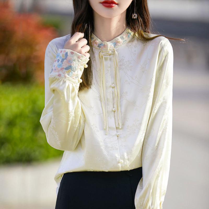 Damen Satin Stickerei Chinesischer Stil Hemd mit Stehkragen und elegantem Druck