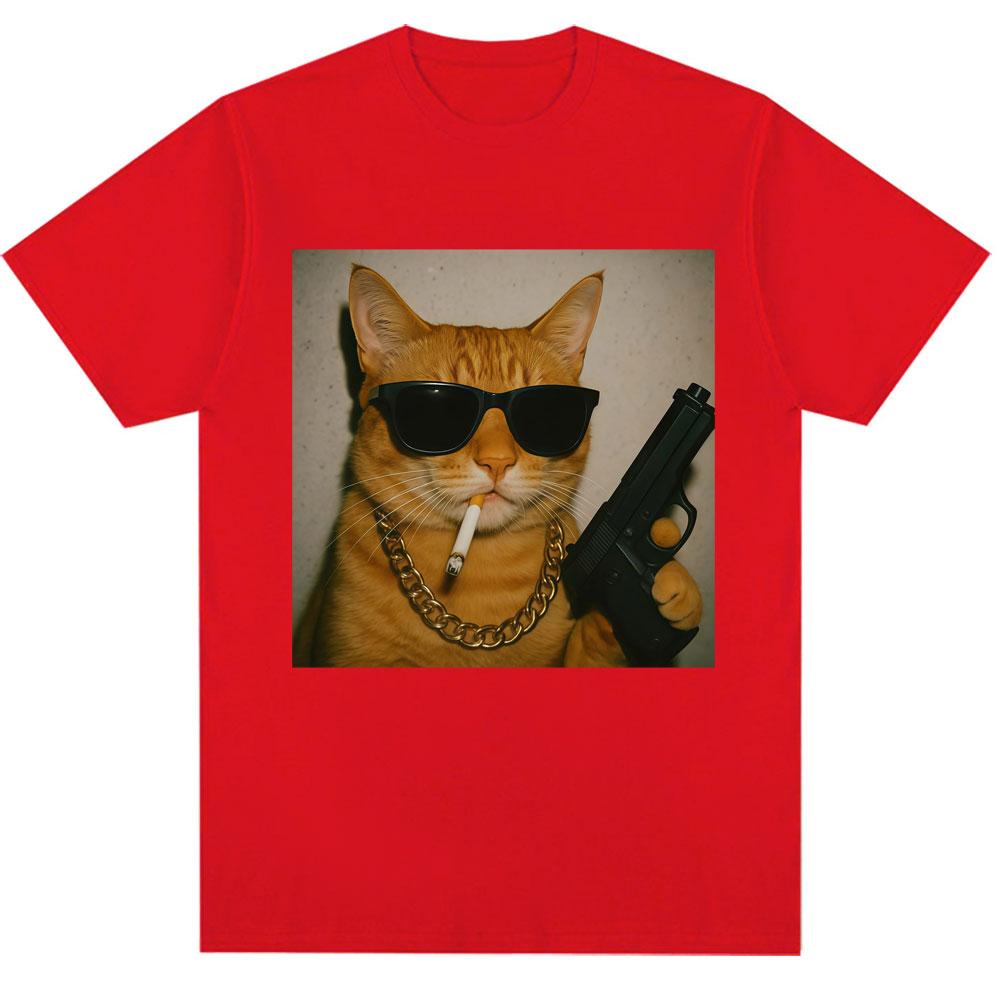 Funny Gangster Cat Fan Pattern T-shirt for Men and Women Cat Enthusiasts Retro T-shirt Casual T-shirt