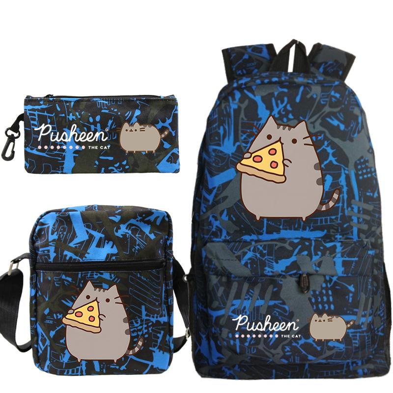 Pusheen fette Katze niedlicher Cartoon bedruckter Schulranzen grenzüberschreitende Studenten tragbare Umhängetasche Federmäppchen dreiteiliges Set