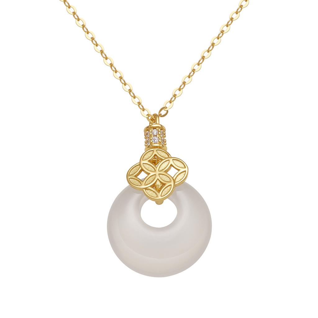 S925 sterling silver copper coin chalcedony safety buckle necklace women's retro collarbone chain fashion light luxury pendant