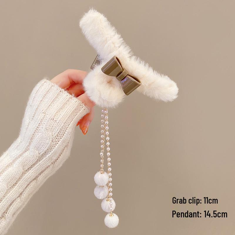 Korean Style Plush Bow Hair Clip with Tassel - Autumn/Winter Women's Hair Accessory